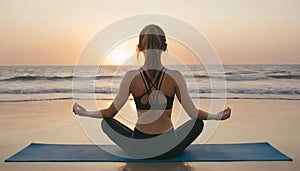 Woman Practicing Yoga on Beach at Sunset AI Generated