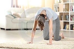 Woman practicing yoga cat pose at home