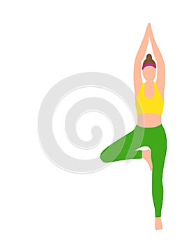 Woman practicing yoga exercises sport isolated vector illustration in flat style with free space for text. Fitness