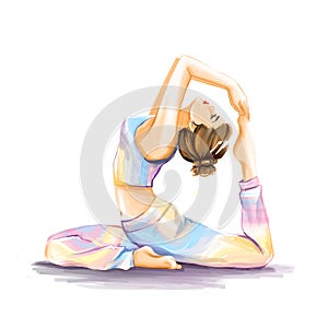 Woman is practicing yoga exercises. Watercolor image