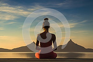 Woman practicing yoga on a lake at sunset. Mountain in the background, rear view of a women yoga exercise and pose for a healthy