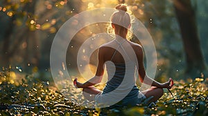 Woman Practicing Yoga in the Middle of a Forest in the morning, back view meditation AI generated