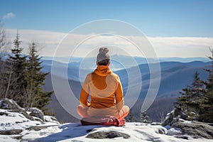 Woman practicing Yoga on mountain in winter