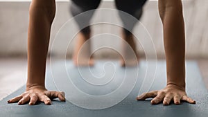 Woman practicing yoga, Plank pose, Push ups or press ups