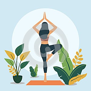 Woman is Practicing Yoga Pose Sport Meditation in the Park with Plant