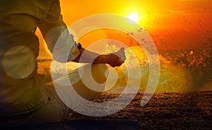 Woman Practicing Yoga by the Sea at Sunset