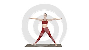 Woman practicing yoga, standing in Extended Side Angle exercise, Utthita parsvakonasana pose on white background.