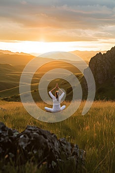 Woman practicing yoga at sunset in a grassy field, her silhouette outlined against the vivid sky.