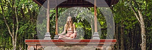 Woman practicing yoga in the traditional balinesse gazebo BANNER, long format