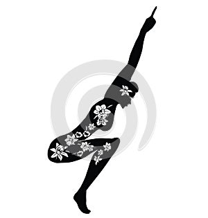 Woman Practicing Yoga. Vector Illustration of a Woman Making Fitness Exercise. Silhouette with flower cut design