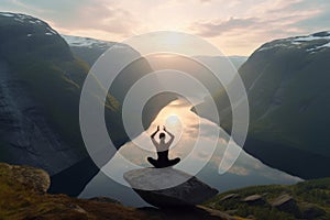 Woman practive yoga mountains. Generate AI