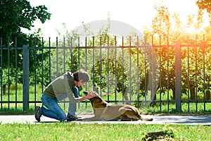 The woman is praising her dog.