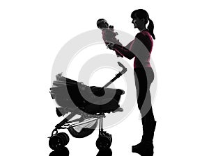 Woman prams holding baby silhouette