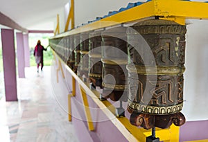 Woman and prayer wheels in a row