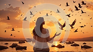 Woman praying and free the birds enjoying nature on sunset background, hope concept