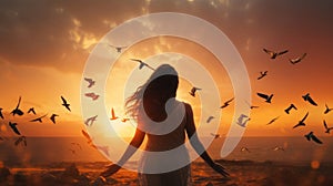 Woman praying and free the birds flying on sunset background, hope concept