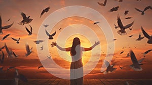 Woman praying and free the birds flying on sunset background, hope concept