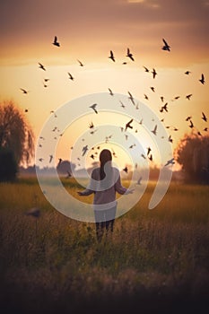 Woman praying and free the birds to nature on sunset background AI generated