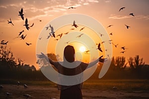Woman praying and free the birds to nature on sunset background AI generated
