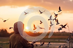 Woman praying and free the birds to nature on sunset background AI generated