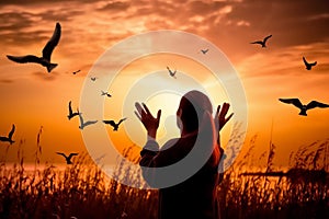 Woman praying and free the birds to nature on sunset background AI generated