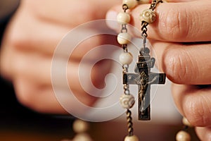 Woman praying with rosary to God