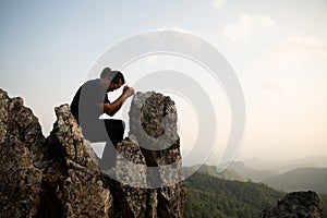 Woman praying to god, posing asian women, girl adult fashionable model, feeling moments, enjoying, happiness on top mountain.