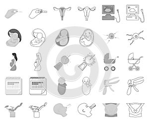 Woman and pregnancy monochrome,outline icons in set collection for design. Gynecology and equipment vector symbol stock
