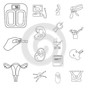 Woman and pregnancy outline icons in set collection for design. Gynecology and equipment vector symbol stock web