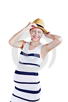 Woman in pregnant over white background smiling