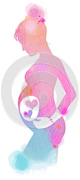 Woman pregnant with twins silhouette plus abstract watercolor. D