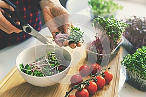 Woman prepare fresh raw vegan salad from microgreens and vegetables