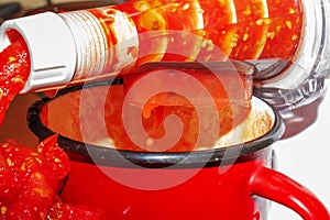 A woman prepares fresh healthy juice from tomatoes. Juicer at work. Diet concept for a healthy lifestyle