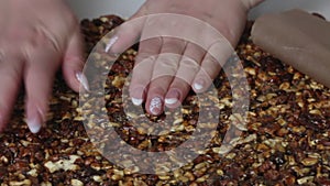 A woman prepares kozinak from nuts. Places the toasted nuts on a non-stick mat. Sunflower seeds, peanuts and walnuts roasted in