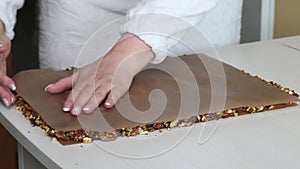 A woman prepares kozinak from nuts. Smoothes toasted nuts on a non-stick mat. Sunflower seeds, peanuts and walnuts roasted in