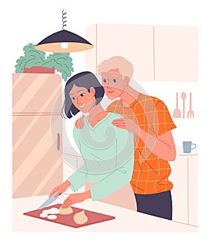 Woman prepares a meal a loving man embraces her from behind