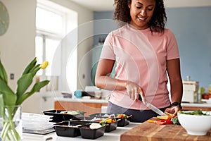 Woman Preparing Batch Of Healthy Meals At Home In Kitchen