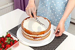 The woman is preparing a cake. The pastry chef evens out the cream on the cake.