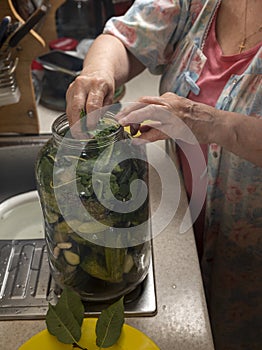 Woman preparing cucumbers for marinating