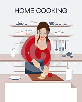 A woman is preparing food in the kitchen. A housewife slices bread. Banner. Flat design.