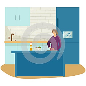 Woman preparing food in modern kitchen, cutting vegetables on counter. Home cooking and meal preparation scene vector