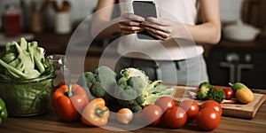 Woman preparing healthy vegetables in a kitchen and holding a cell phone