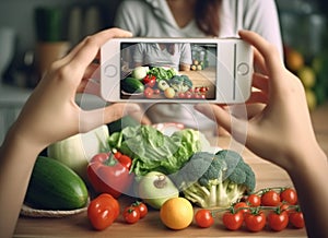 Woman preparing healthy vegetables in a kitchen and holding a cell phone