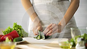 Woman preparing salad at the kitchen, female hands cutting cucumber, dieting