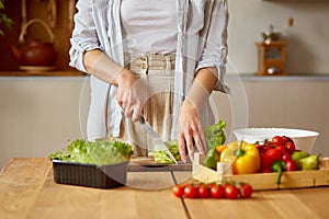 Woman is preparing vegetable salad in the kitchen, cutting leaf of salad