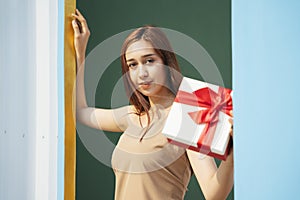 Woman with present gift box