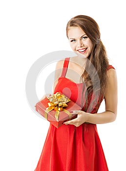 Woman Present Gift Box, Girl In Red Dress Celebrate Birthday or