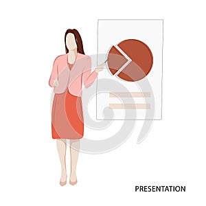 Woman presentation business illustration. Isometric vector office print. Analysing data analysing application template. Display