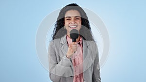 Woman, presenter and news in studio for interview, questions or speaker on blue background with smile. Professional