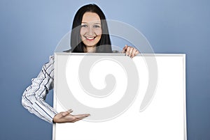 Woman presenting on blank banner